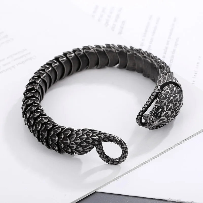 REBEL 220mm Men Punk Oxidized Black/Silver/Gold Stainless Steel Feathers Snake Links Bracelet