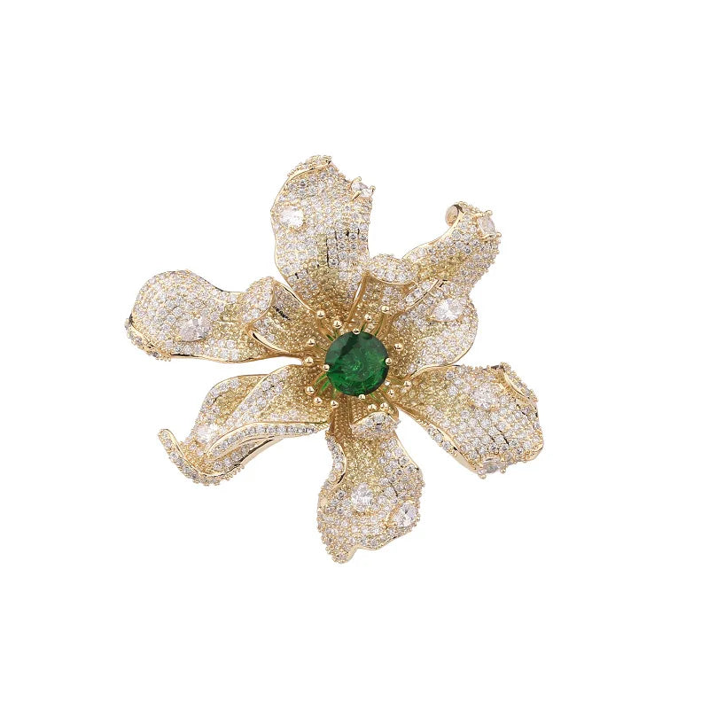 3D Flower Zircon Brooch Heavy Duty Luxury Clothes Fixed Lapel Pin High Grade Elegant Accessories for Coat Overcoat Evening Dress