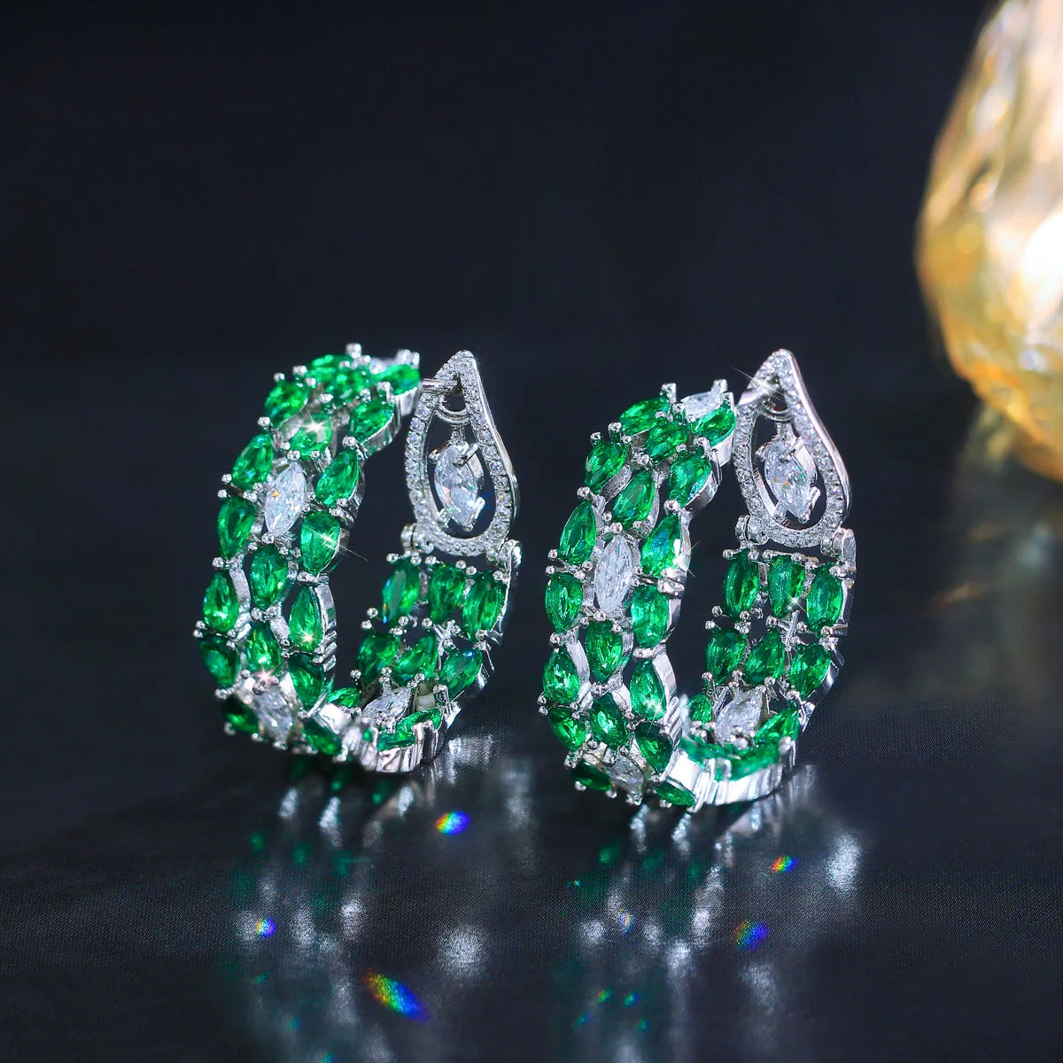 S&S Green Water Drop Pear-Cut CZ Hoop Earrings – Rhodium Silver Plated – Collection