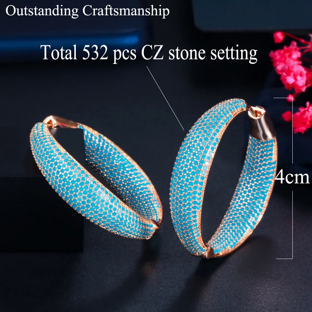 S&S Turkish-Inspired Light Blue CZ Large Hoop Earrings – 18K Champagne Gold Plated – Collection