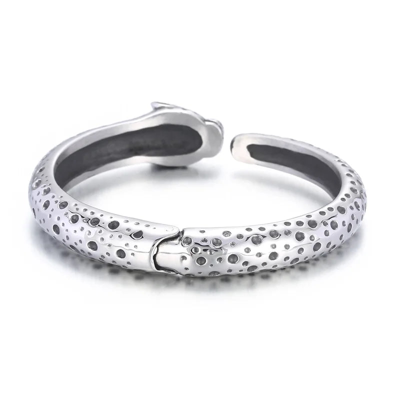 REBEL Unisex Fashion Stainless Steel Leopard Head Charms Open Cuff Bangle Bracelet