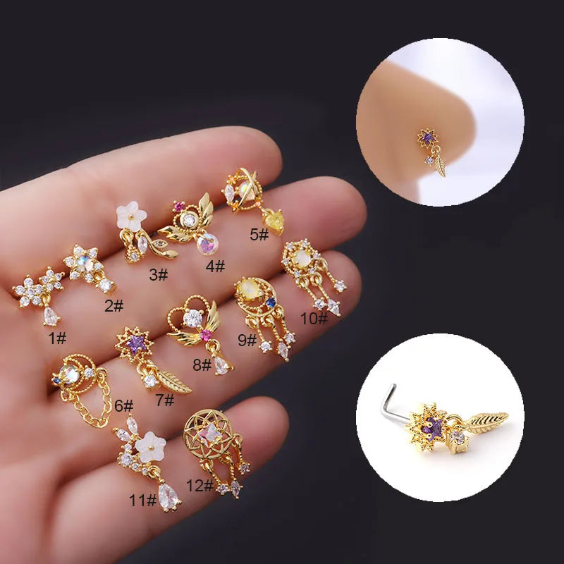 S&S 20G CZ Flower & Heart Nose Ring | Stainless Steel Piercing Jewellery