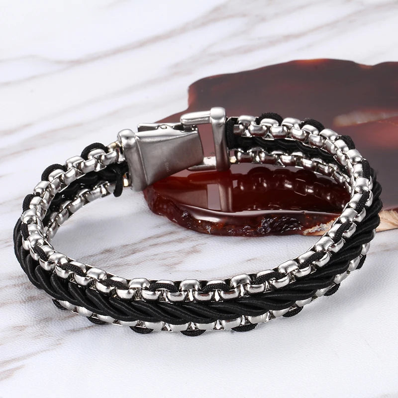 KALEN Silver Color Stainless Steel Bangle Leather Men Bracelet