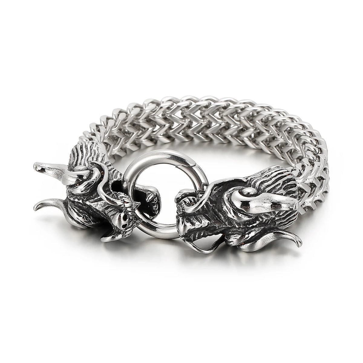VIKING Double Dragon Multi-Layer Charm Bracelet – 316L Stainless Steel Men's Wide Silver Bangle