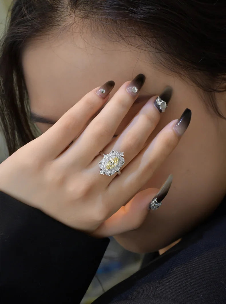 MuShan Jewelry Factory S925 Sterling Silver Ring 5 * 10 Goose Yellow Horse Eye Diamond Ring Women High End Design and Jewelry