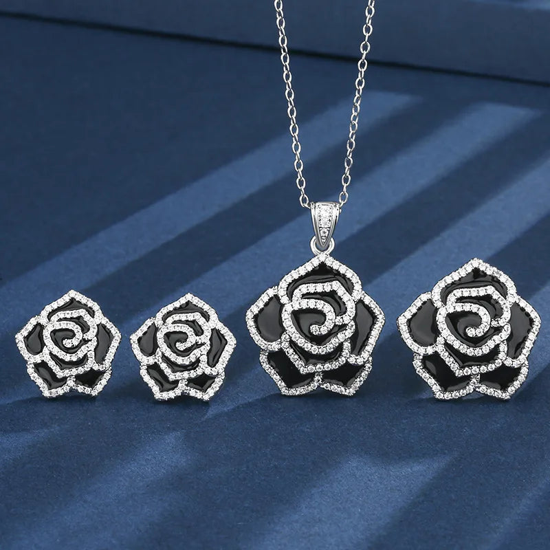 Gemfiori Black Rose Earrings with a High-end Feel Light Luxury Pendant French Retro Temperament Niche Design Ring Jewelry Set