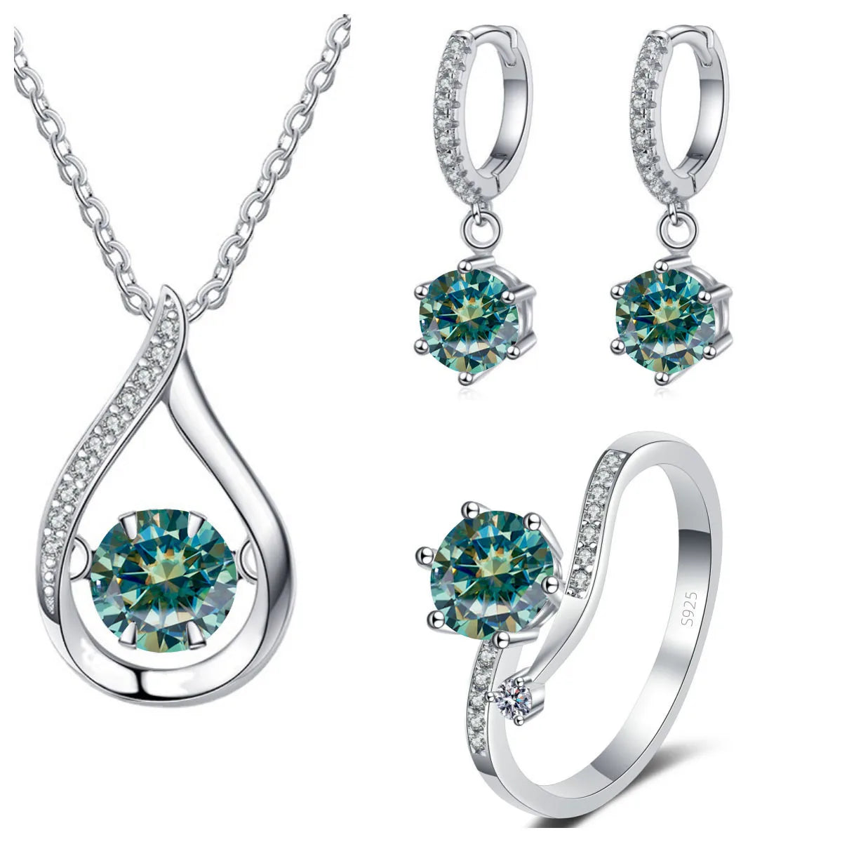S&S 925 Silver 1CT VVS Moissanite Jewellery Set | Water Drop Necklace, Earrings & Ring | 20 Colours