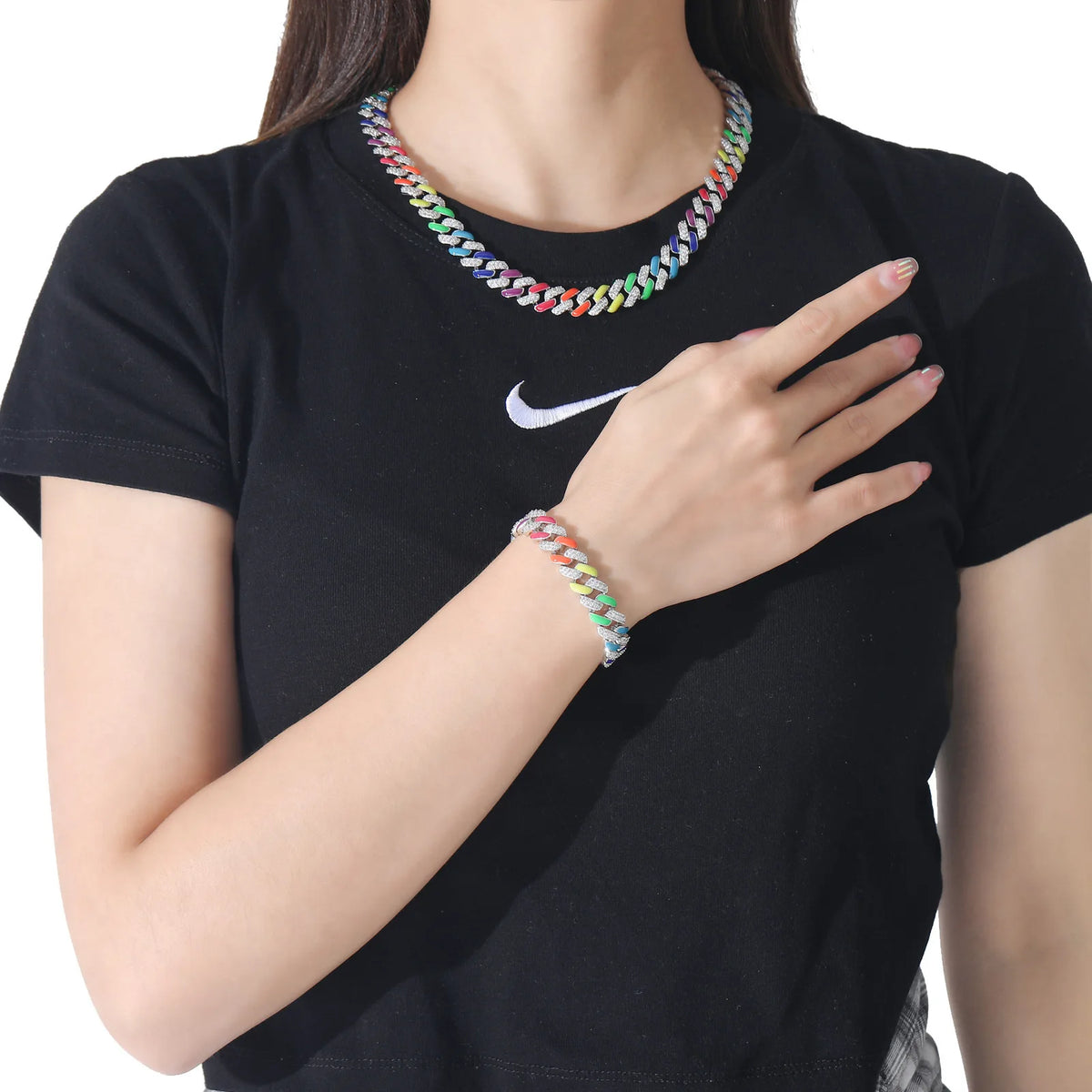 New Bracelets Colorful Rainbow Jewelry Stacked 12mm 5a Cubic Zirconia Cuban Link Chain Cz 5mm 20 Inch Necklace with Zircon