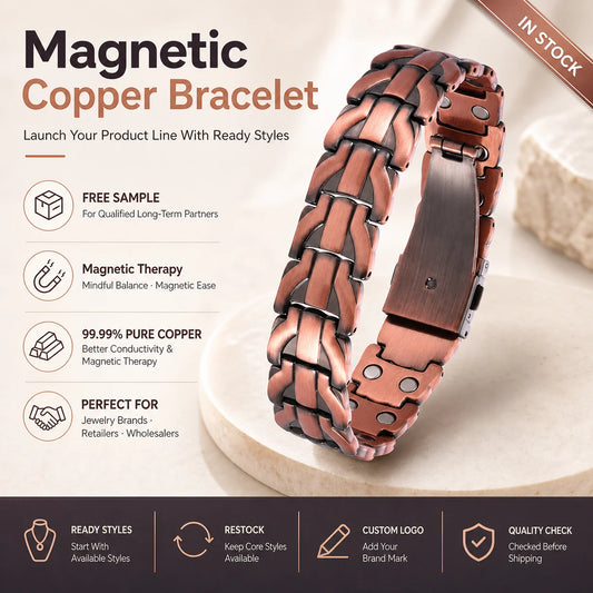 Magnet Jewelry Pure Copper Magnetic Therapy Jewelry Vintage Double Row Dragon Pattern Chain Link Bracelet with Clasp, Wholesale