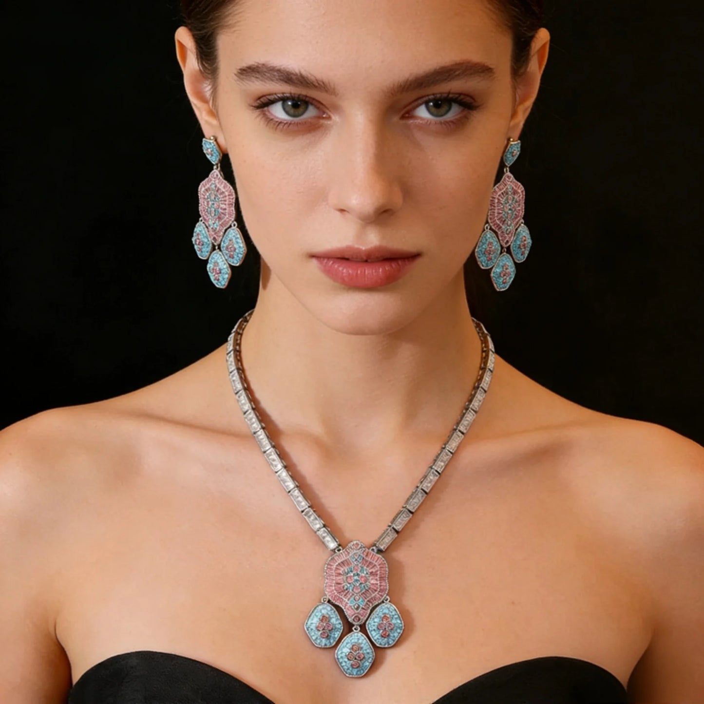Bella Viva Vintage Pink and Blue Cubic Zirconia Necklace and Earring Sets, Platinum Plated Brass, Statement Jewelry for Party
