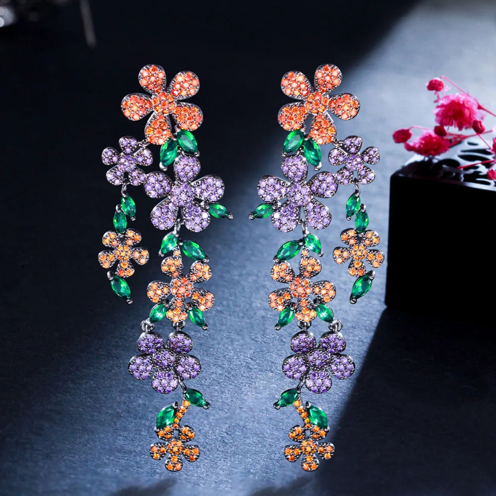 Glittering Multicolor Red Green Cubic Zircon Jewelry Flowers Long Dangling Drop Bridal Earrings for Women Wedding Party