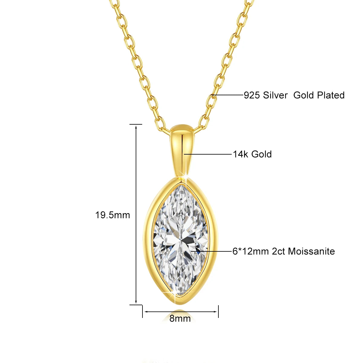 Gioiellieri Luxury Gift True 14K Gold Women's Classic Bezel Setting Design 1ct 2ct Marquis Cut Moissanite Diamond Pendant