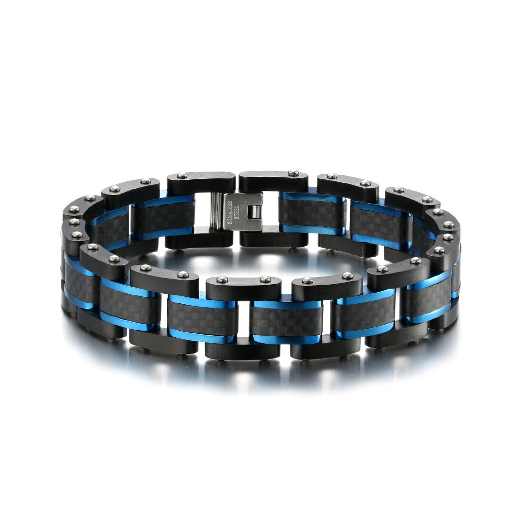 REBEL Men's Trendy Carbon Fiber & Stainless Steel Chain & Link Geometric Bracelet Black/Blue Zinc Plated Party Jewelry Model AS-SL-003