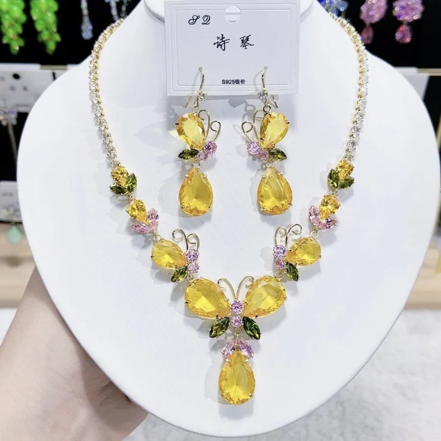 K071 High Quality Women Trendy Luxury Butterfly Yellow Zircon Bridal Necklace Earrings Set Wedding Elegant Jewelry Set