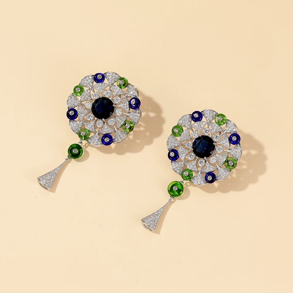 High End Pendant Blue-green Round Bead Long Necklace  Earring Set Brass Zirconia Wholesale  Factory Direct Sales