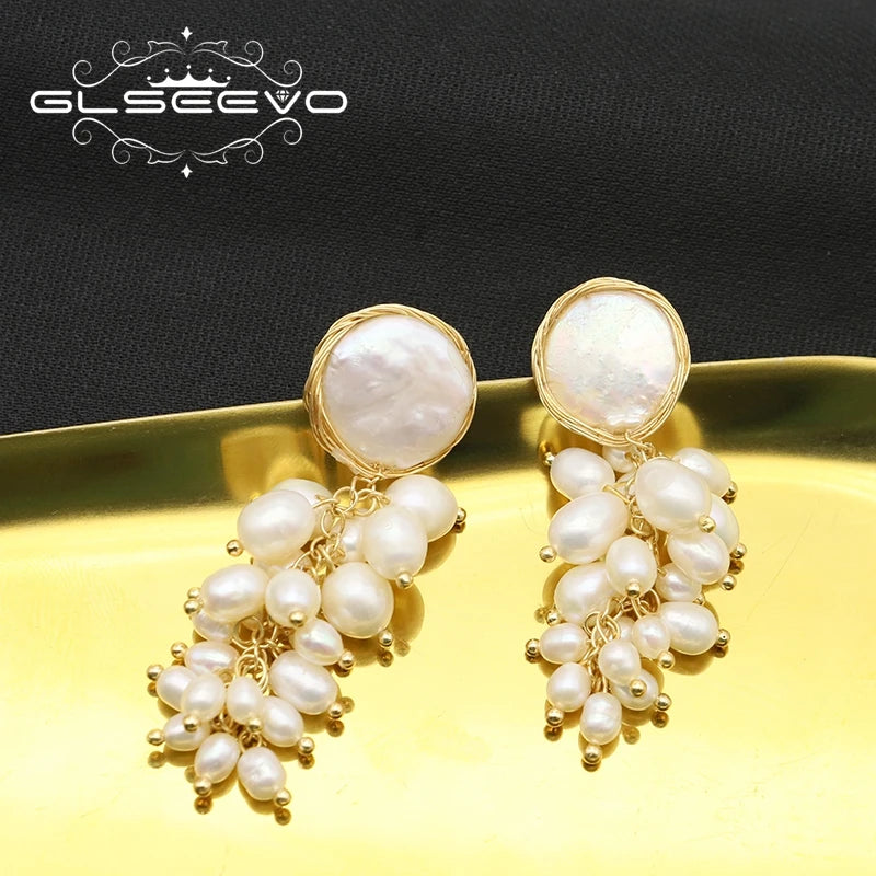 Freshwater Pearls Grape String Handmade Drop Earrings 2022 Luxury Baroque Gold Plated Dangle Earrings for Girls Women Jewellery