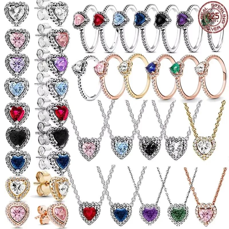 ArtistA High Quality 925 Silver Heart-shaped Multi-color Crystal Luxury Necklace Earrings Rings and Chains Set Fashionable Jewelry Gift