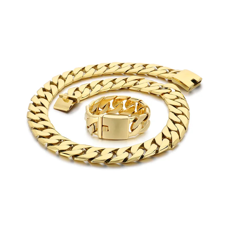 REBEL Men Hip Hop Stainless Steel Jewelry Set Cuban Links Fashion Bracelets Fashion Necklaces