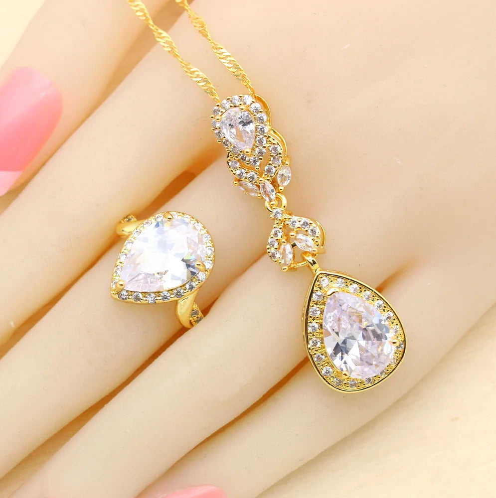 XOTICA 2023 Women's Gold Jewelry Set with White Zircon Wedding Party Engagement Bracelet Earrings Necklace Pendant Ring Gift