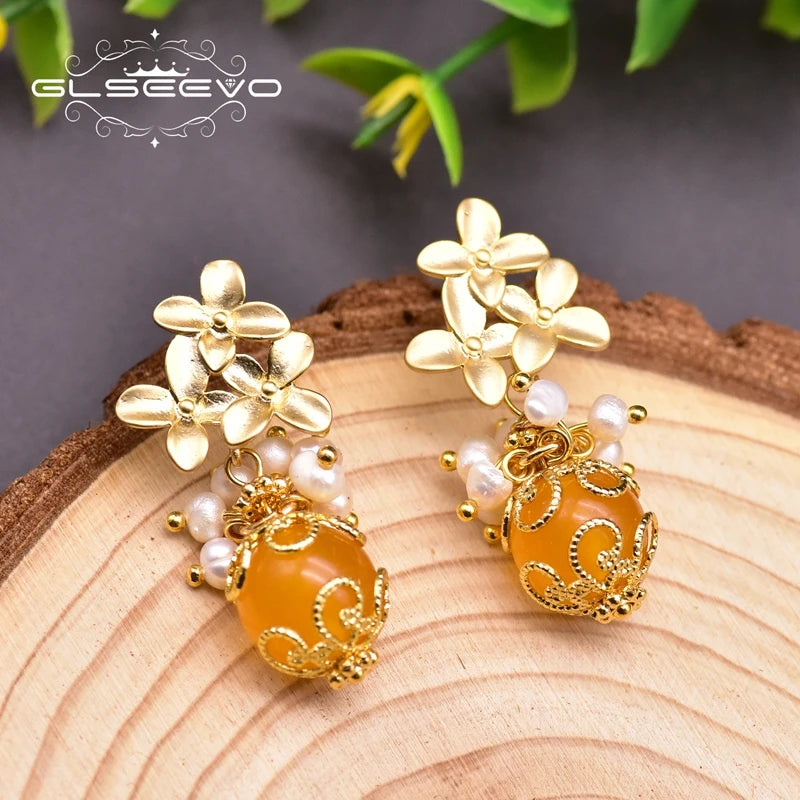 Natural Fresh Water Pearl Petals Shape Jade Drop  Earrings for Women New Fashion Vintage Wedding Yiwu Earrings Bulk Jewelry  "