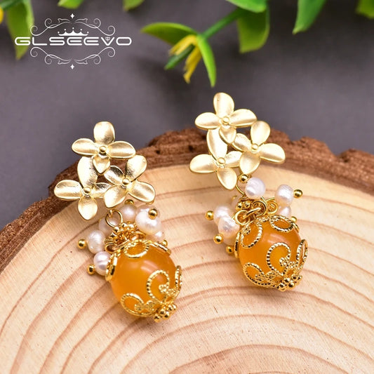 Natural Fresh Water Pearl Petals Shape Jade Drop  Earrings for Women New Fashion Vintage Wedding Yiwu Earrings Bulk Jewelry  "