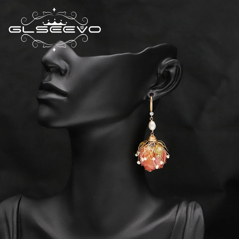 Freshwater Pearl Pink Rose Zircon Flower Drop Earrings Fashion Beautiful Elegant Earrings Jewelry for Girlfriend Gift