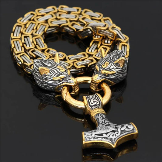 24'' Men Vintage Jewelry Stainless Steel King Chain Norse Viking Celtic Thor Hammer Pendant Amulet Wolf Head Mjolnir Necklace