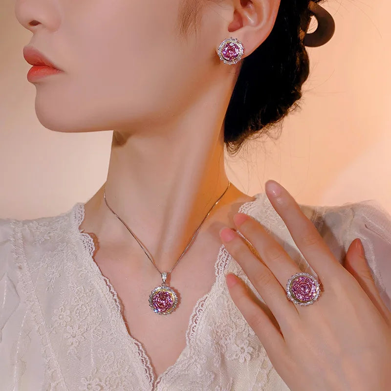 Gemfiori Bridal Banquet Casual Zircon Necklace Ring Women's Niche Rose Flower Zircon Earring Set