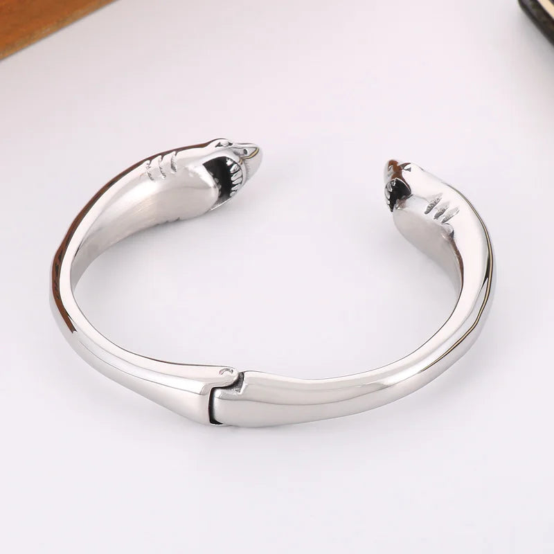 KALEN Unisex Cute Stainless Steel Shark Head Charms Open Cuff Bangle Bracelet