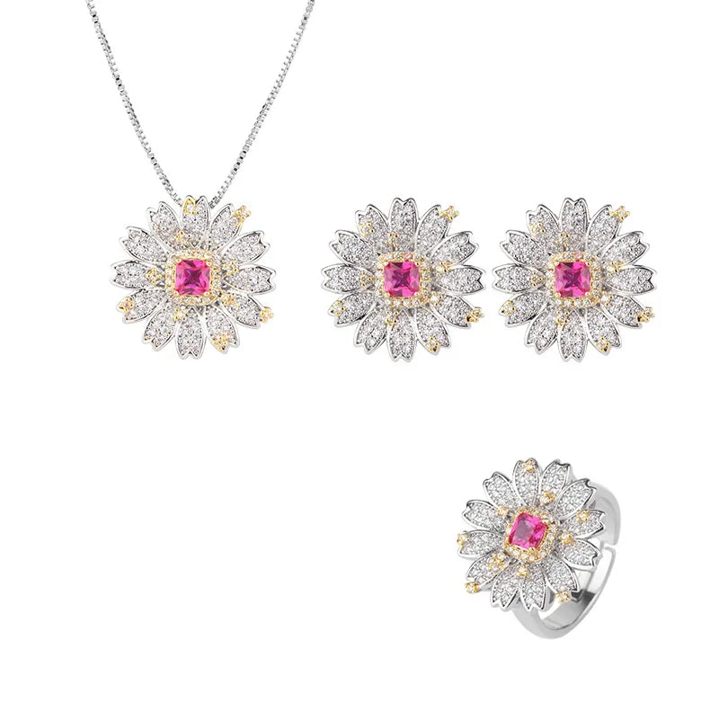 Gemfiori Retro French Luxury Niche Red Zircon Pendant Sweet Cool Geometric Fashionable and Exquisite Set