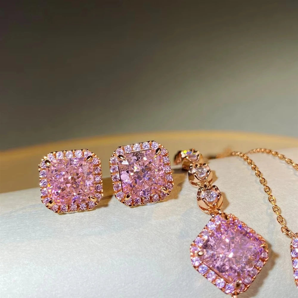 S&S Pink Zircon 925 Silver Jewellery Set | 18K Gold Plated Necklace, Earrings & Bracelet | S&S Collection