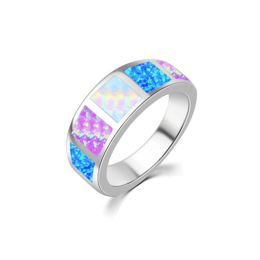 Iridescent Multi-Color Opal Striped Ring | Stainless Steel Shiny Band | Vibrant Rainbow Gem Inlay Fashion Jewelry for Men Women