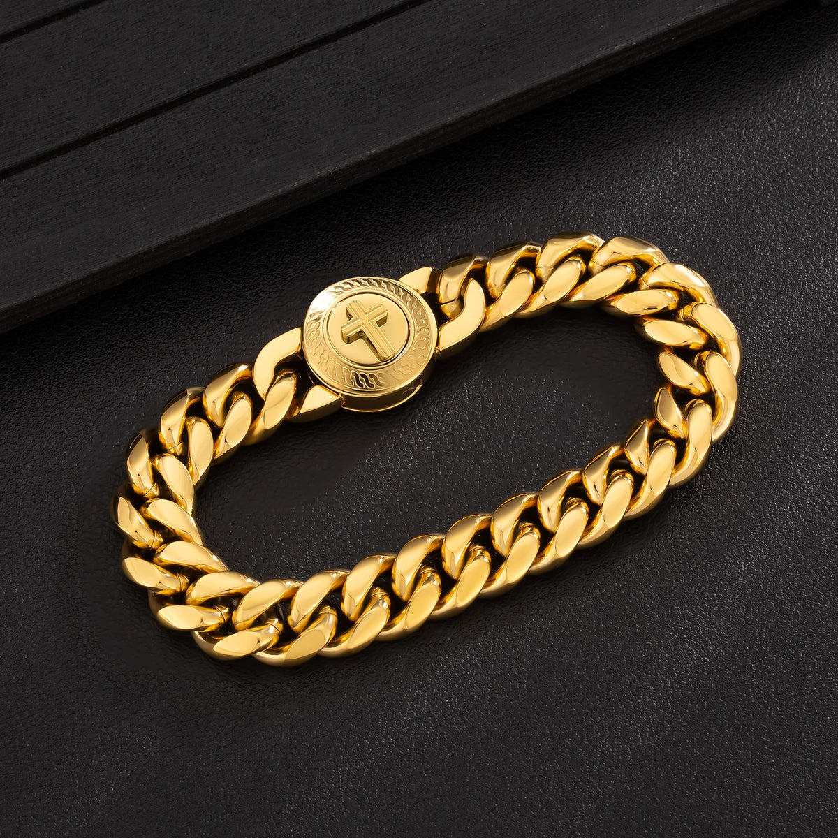 S&S Easter Faith Gifts Cross Lion Compass Anti-tarnish Jewelry 18K Gold Plated Stainless Steel Mens Miami Cuban Link Chain Bracelet