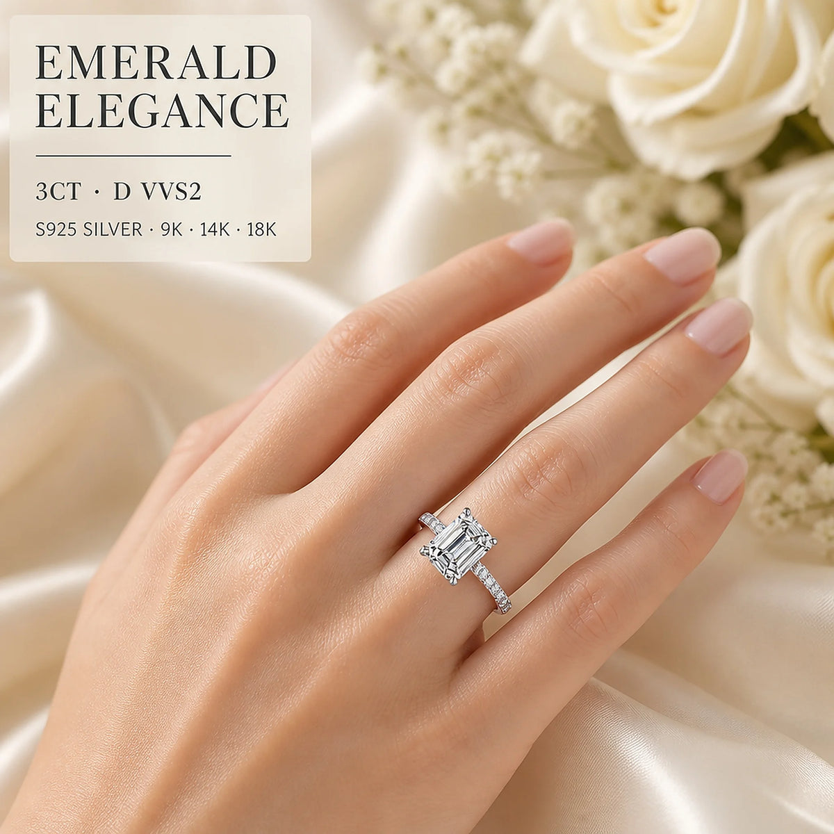 Gioiellieri Elegant Emerald Cut Lab Grown Diamond Ring 3CT D VVS2 9K 10K 14K 18K White Gold/Yellow Gold/Rose Gold Women Fine Fashion Jewelry
