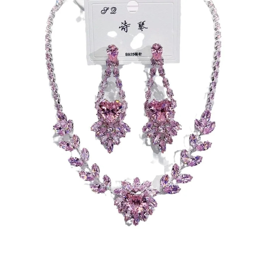 K085 High End Women Exquisite Luxurious Pink Heart Zircon Bridal Necklace Earrings Set Wedding Elegant Jewelry Set