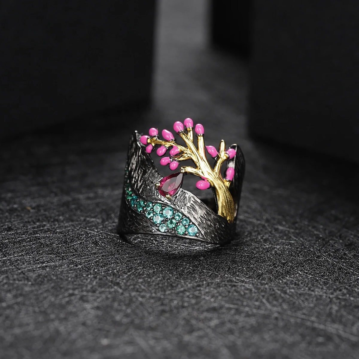 ArtistA C7920 Abiding Custom Enamel Peach Tree Flower Bud 925 Silver Rings with Natural Rhodolite Garnet Gemstone