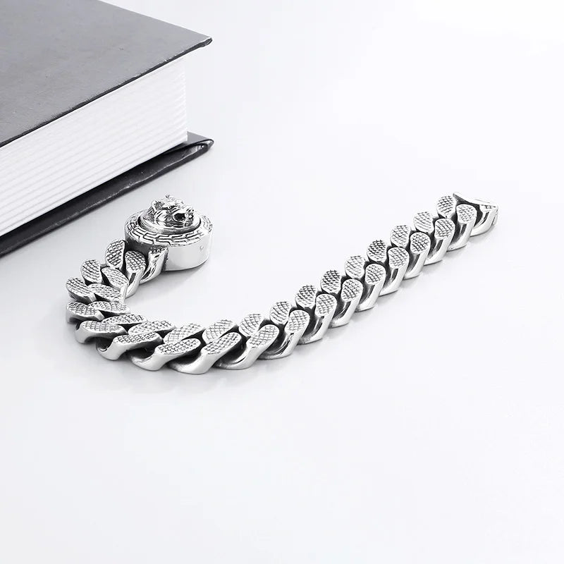 KALEN 220mm Men Punk Stainless Steel Cuban Link Bracelet With Wolf Pattern Round Clasp