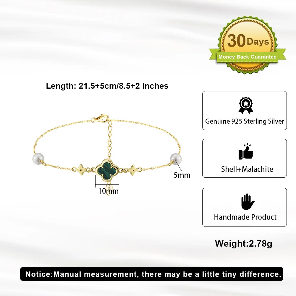 Natural Malachite Four Leaf Clover Shape with Shell Pearl 925 Sterling Silver Chain Anklet for Women