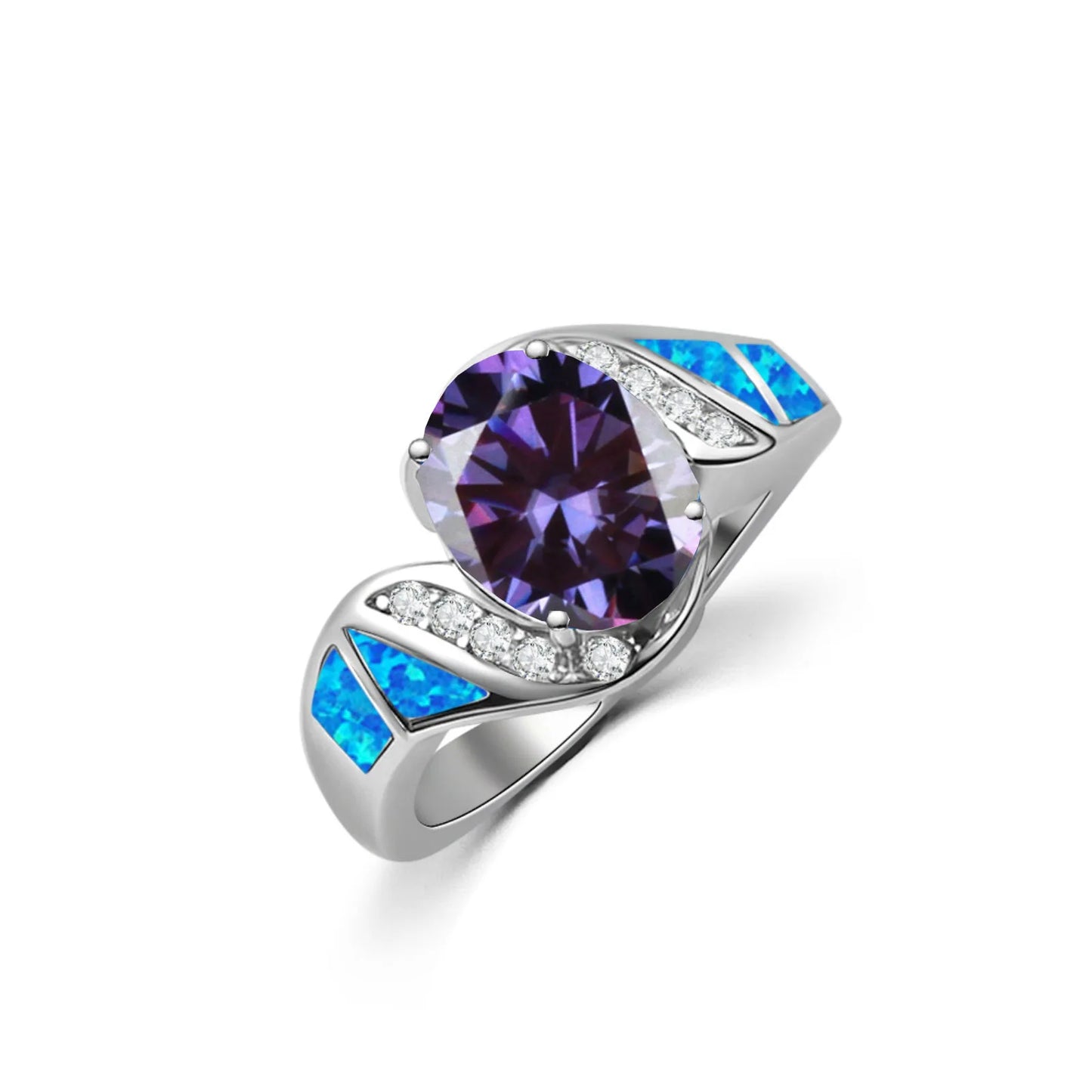 Statement Purple Gemstone & Blue Opal Ring | Zircon-Accented  Band | Luxury Fashion Jewelry for Women Men
