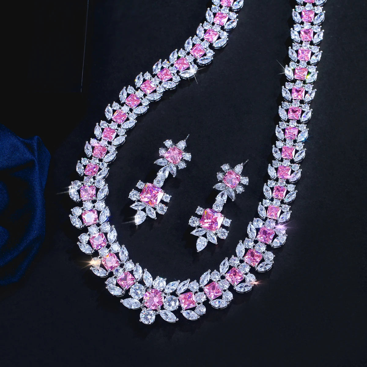 Rhodium Plated Geometric CZ Jewelry Set Pink Square Cubic Zircon Leaf Tennis Necklace Earrings Jewelry Set for Women Party Gift