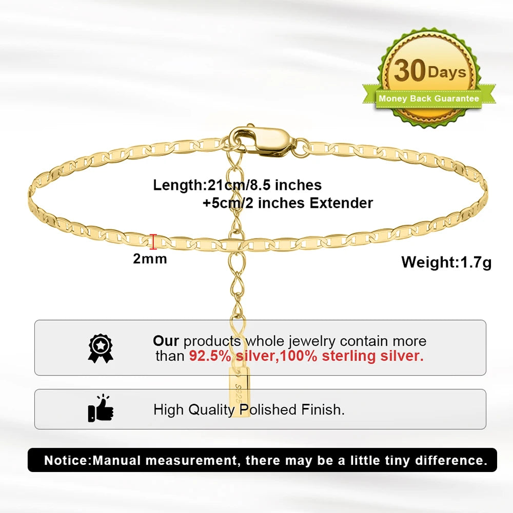 RINNTIN 14K Gold Color Adjustable Link Bracelet Anklet for Women Beach Foot Jewelry 925 Sterling Silver Leg Cuban Chain Anklets