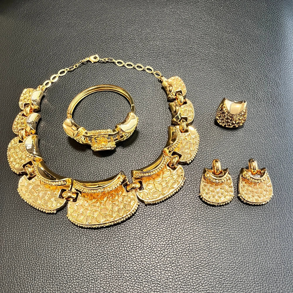 Luxury Brazilian Gold Jewelry Set Necklace Bracelet Earrings Ring Four-Piece Sets High-end Hollow Pendant Woman Jewellery Set