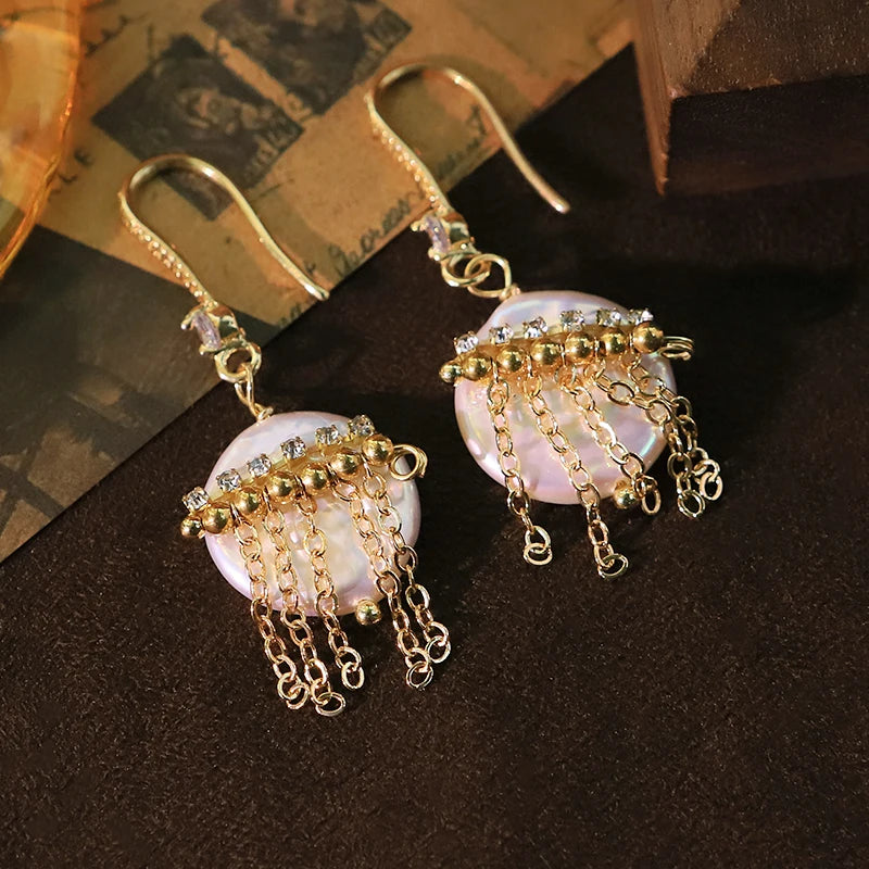 Baroque Flat Bead Natural Freshwater Pearl Tassel Earrings 18k Gold Plated Design Ear Hooks Women's Jewelry GE0869