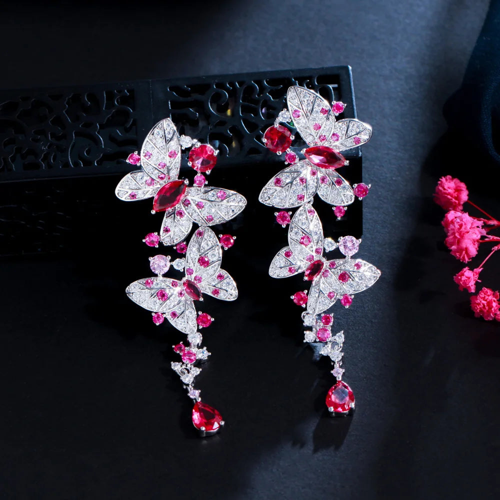 S&S Red CZ Butterfly Long Dangle Drop Earrings – 925 Silver Pin – Rhodium Plated – Collection