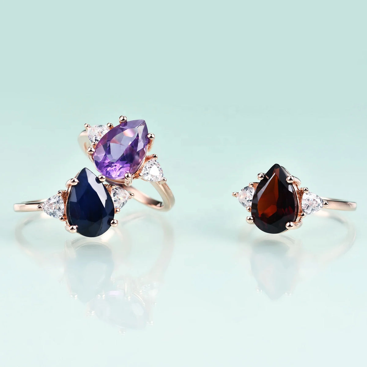 ArtistA Abiding Fine Jewelry Light Rose Gold Plated 925 Silver Pear Diffusion Sapphire Stone Ladies Ring With White Cz