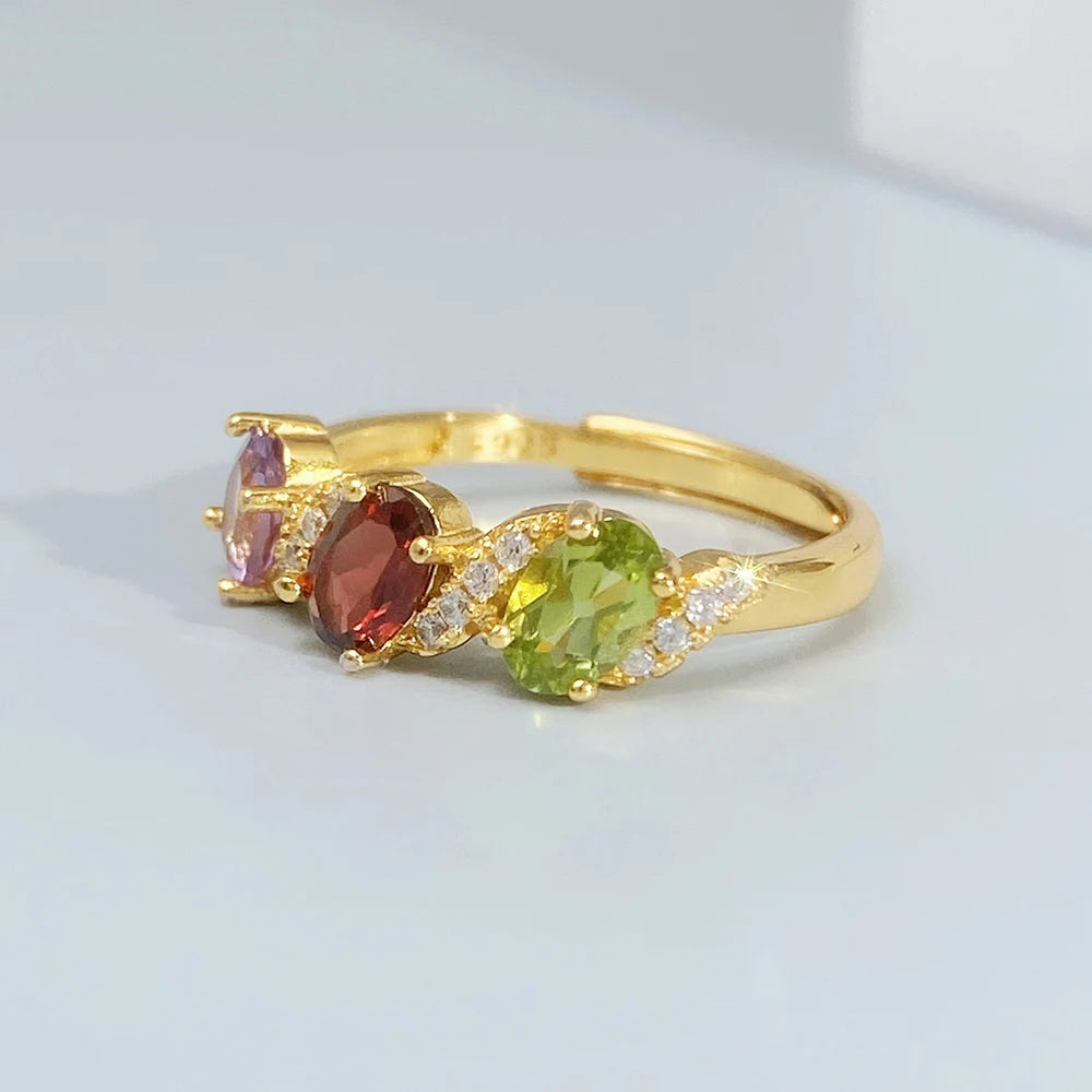 Gioiellieri Vintage Natural Gemstone Ring for Women S925 Sterling Silver Amethyst Garnet Peridot Jewelry Gift for Anniversary
