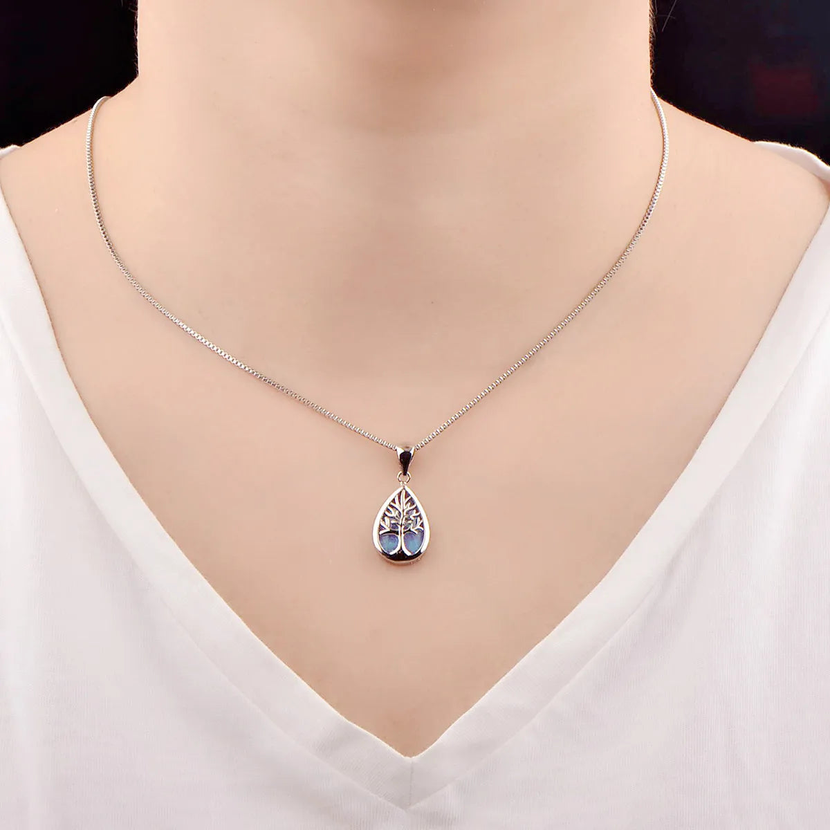 Aobao Women's Christian Copper Link Chain Opal Tree of Life Necklace Pendant Silver Plated Minimalist Sweater Chain Gift
