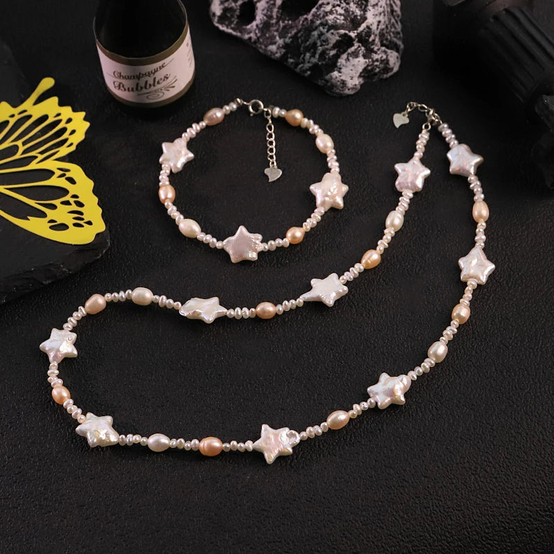 GLSEEVO Natural Freshwater Star Shape Pearl Jewelry Set for Women Birthday Party Pearl Necklace Bracelet Set Fashion Jewelry