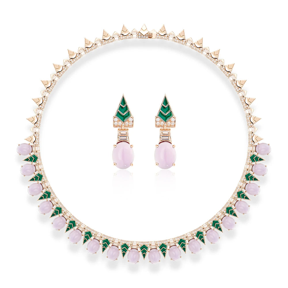 Bohemian Style Triangular Spike Green Enamel Grape purple Necklace Earrings 2-piece Set, High-quality Brass Zirconia  Jewelry