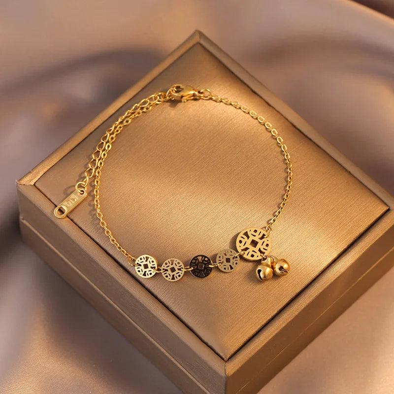 Wholesale Trendy Women Stainless Steel Rose Gold Foot Chain Bracelet Bell Coin Anklet